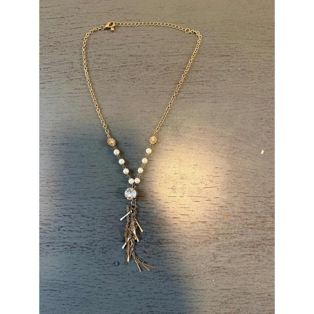 Gold Tone Faux Pearl Rhinestone Y-Necklace Multi-Strand Tassel Fringe Boho
